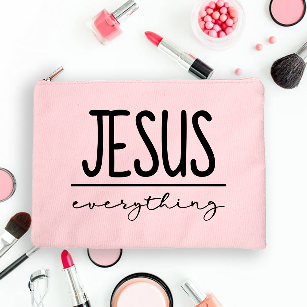 But First Jesus Women Canvas Cosmetic Cases Bags Makeup Pouch Purse Lipstick Storage Organizer Handbag Christian Holiday Gift