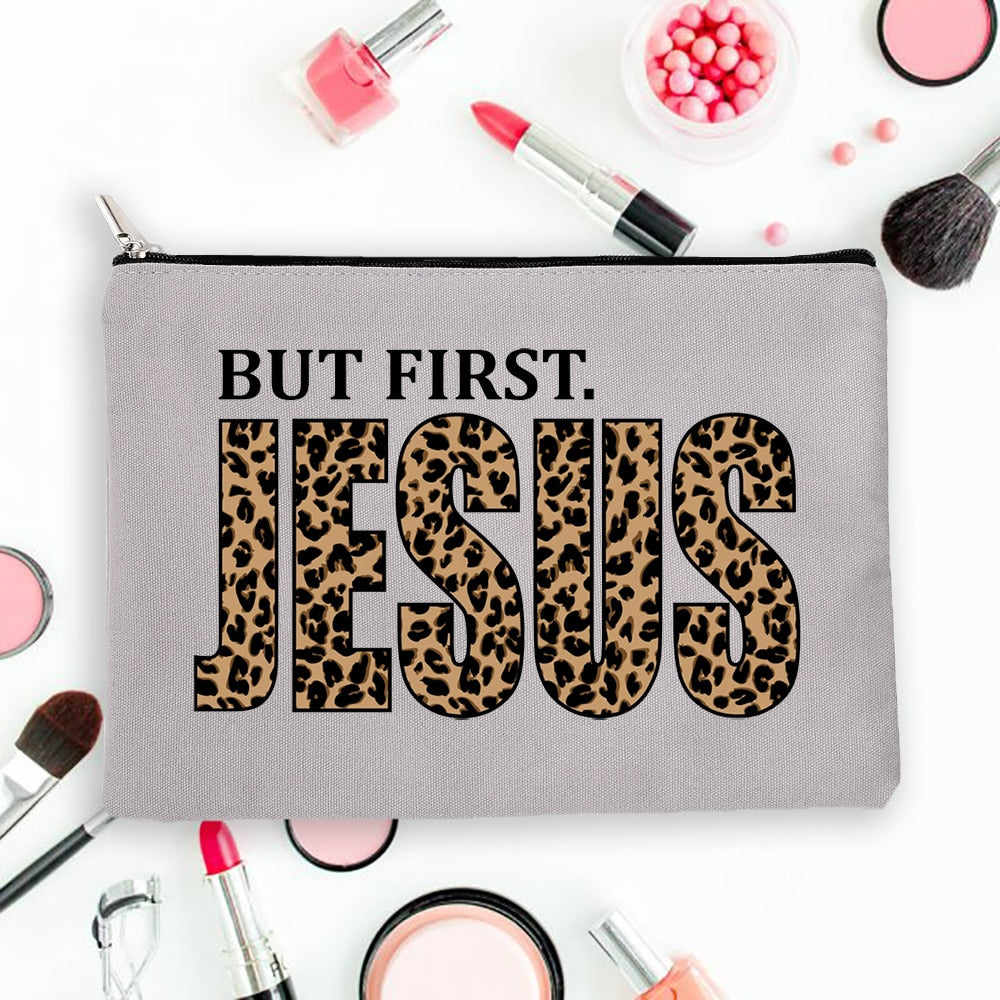 But First Jesus Women Canvas Cosmetic Cases Bags Makeup Pouch Purse Lipstick Storage Organizer Handbag Christian Holiday Gift