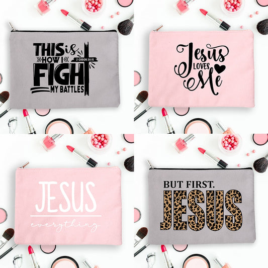 But First Jesus Women Canvas Cosmetic Cases Bags Makeup Pouch Purse Lipstick Storage Organizer Handbag Christian Holiday Gift